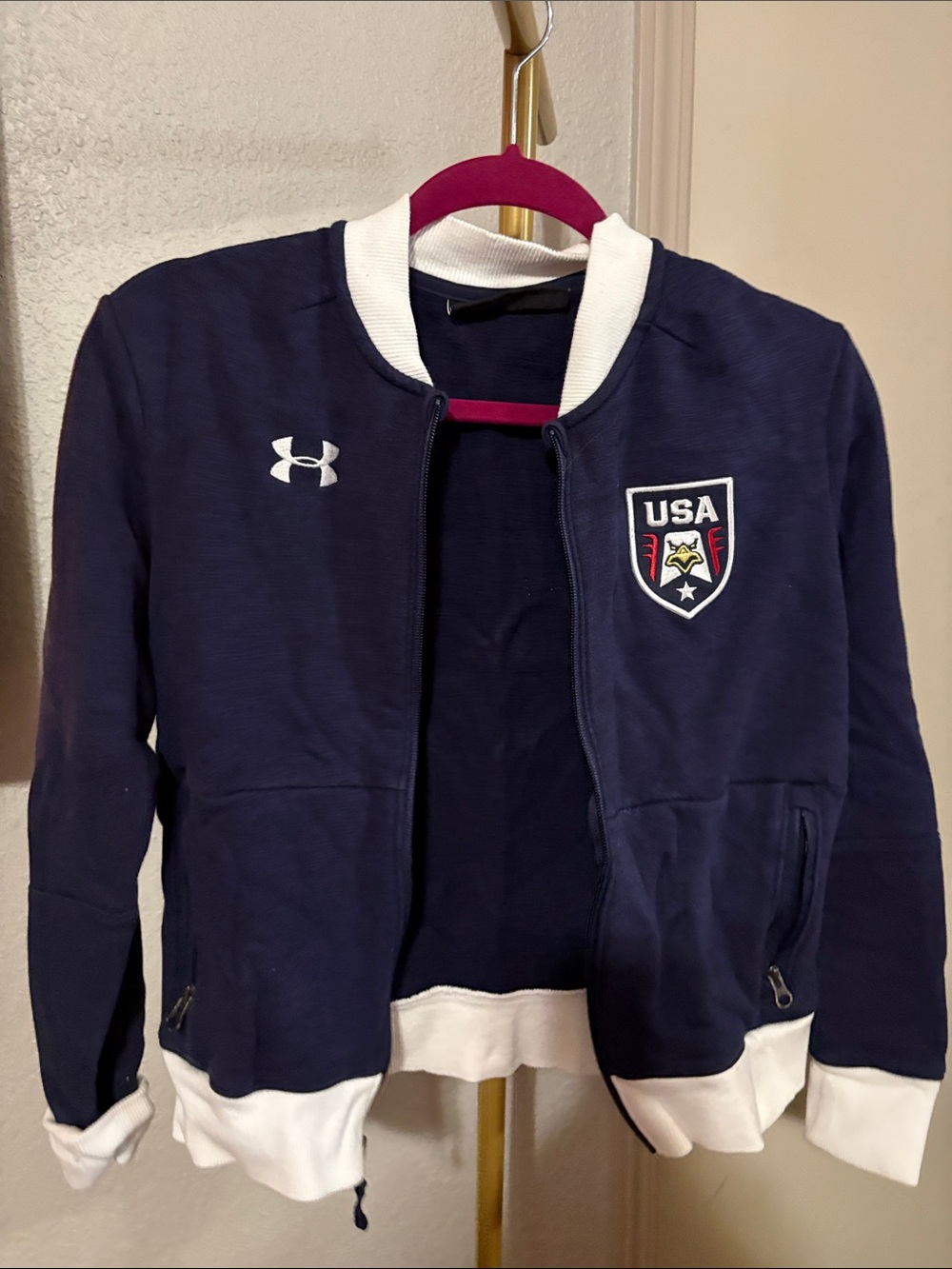 Under Armour Navy and White USA Crest Bomber Jacket